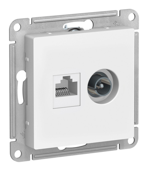 Розетка ATLASDESIGN двойная компьютерная+ТВ RJ45+TV (белая) Розетка ATLASDESIGN двойная компьютерная+ТВ RJ45+TV (белая)